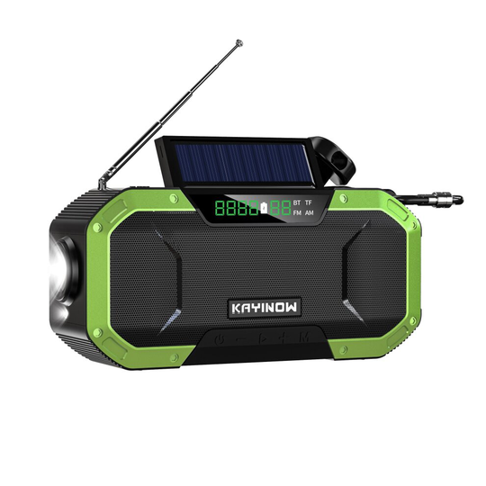 (Green) Multifunctional Portable Bluetooth Speaker Hand Crank Solar Radio AM/FM Radios LED Flashlight and 5000mAH Power Bank
