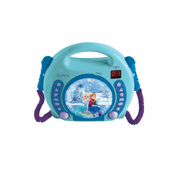 Lexibook Disney Frozen Anna and Elsa CD player for kids with 2 toy microphones, headphones jack, with batteries, blue, RCDK100FZ
