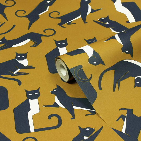 Furn. Geo Cat Mustard Yellow Printed Wallpaper