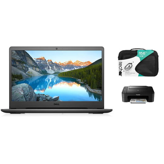 DELL Inspiron 15 3502 15.6 Inch Laptop with Intel Celeron 1TB Hard Drive & Canon PIXMA TS3350 All-in-One Wireless Inkjet Printer, Laptop Case & Mouse Black