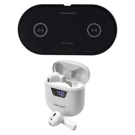 Intempo True Wireless Stereo Earphones And Dual 10W Wireless Charging Pad - Black