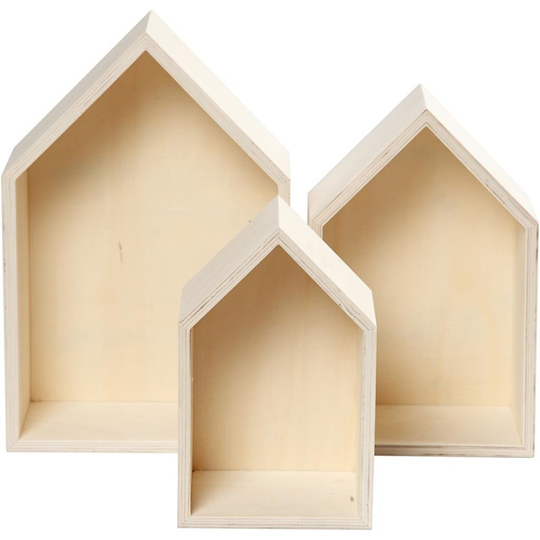 Set of 3 Wooden Box House Shaped Shelf Box, Wooden wall art - B-Stock.