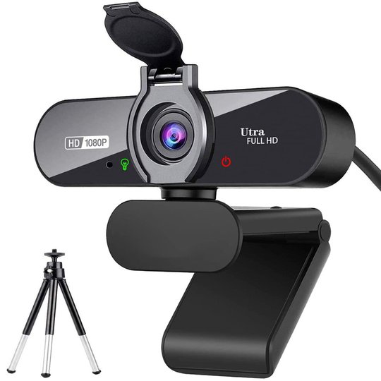 Webcam, 1080P Pro HD Webcam with Stereo Microphone, 110 Wide Angle, Privacy Cover, Tripod, for Conferencing, Live Streaming, Recording, Compatible w
