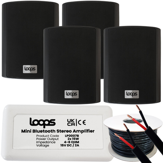 Garden Party BBQ Outdoor Speaker Kit - Wireless Mini Stereo Amp & 4x 4" 70W Black Speakers