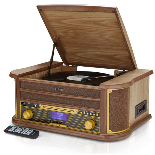 (Light Wood) Denver MRD-51BT Retro Record Player Turntable Music Centre With CD Player, DAB & FM / AM Radio, Bluetooth, Record Player, Cassette, MP3 U