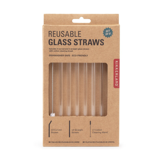 Kikkerland Reusable Glass Drinking Straws Set Of 6 With Cleaning Brush
