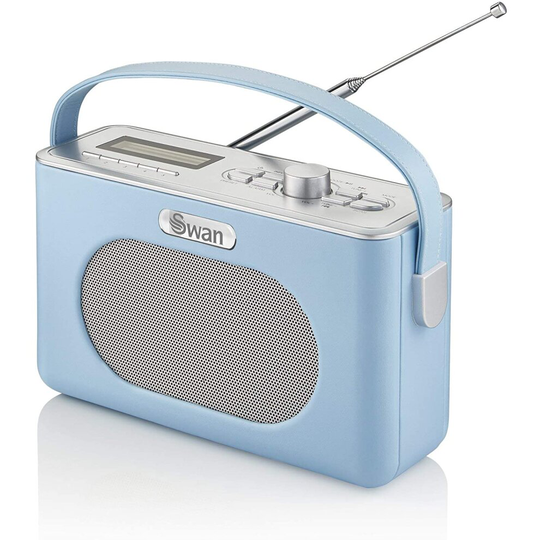 Swan Blue Retro Radio, 3W Power Output, 24 Hour Auto Adjusting Clock, Auto/Manual Scan, 20+ Pre-set