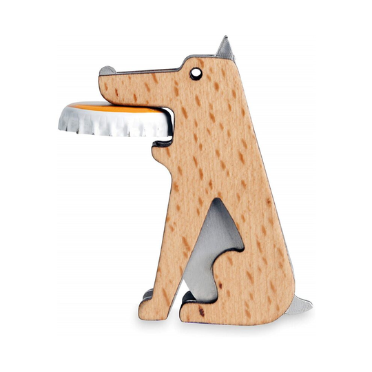 Kikkerland Fetch Dog Steel & Beechwood Beer Bottle Opener Drink Tool