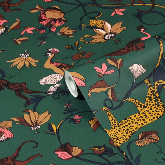 Furn. Exotic Wildlings Juniper Green Tropical Printed Wallpaper