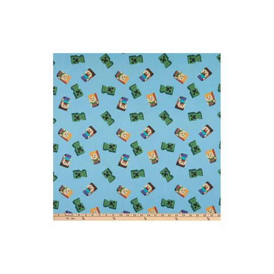 Fat Quarter Minecraft Friends Steve, Alex, And Creeper On Blue 100% Cotton Quilting Fabric