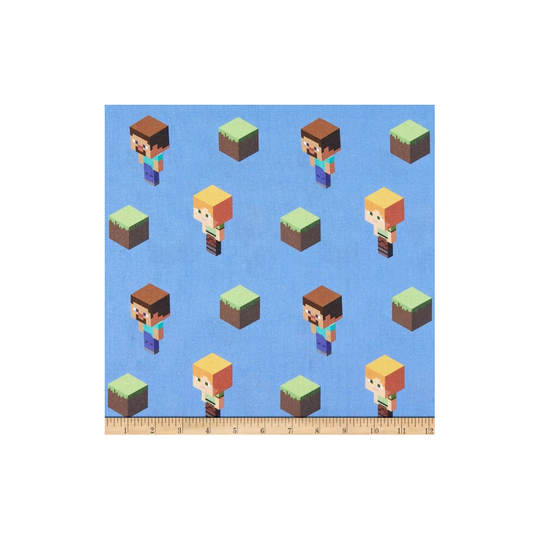 Fat Quarter Minecraft Steve, Alex And Dirt Block On Blue 100% Cotton Quilting Fabric