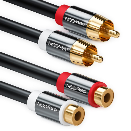 deleyCON 3m RCA Extension Cinch Cable Stereo Audio Cable 2x RCA Male to 2x RCA Female - Black