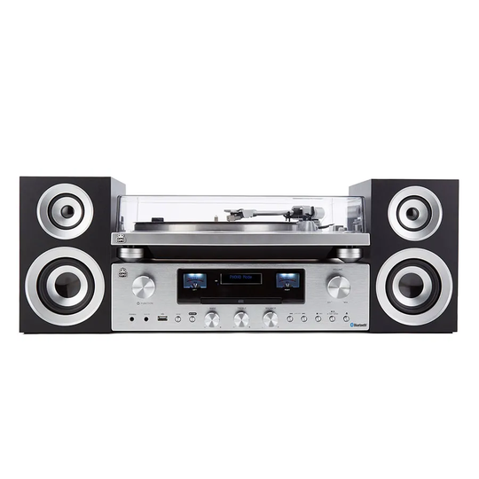 GPO PR100 Turntable with PR200 CD, Amplifier and Speaker System Bundle - Silver