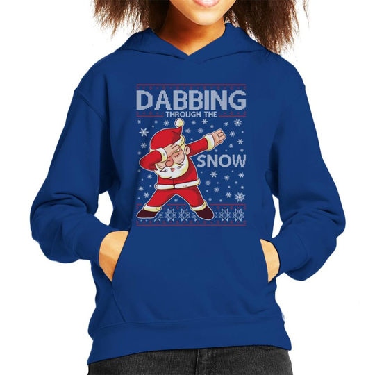 (Large (9-11 yrs), Royal Blue) Dabbing Through The Snow Santa Christmas Knit Pattern Kid's Hooded Sweatshirt