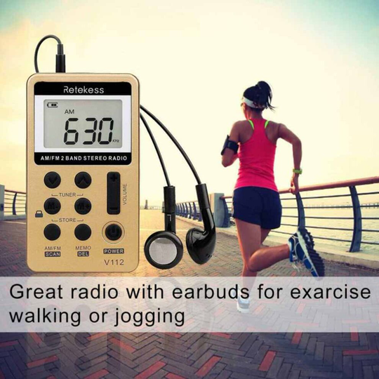 (Gold) Retekess V112 Pocket AM FM Radio Rechargeable Stereo Earphone Walkman