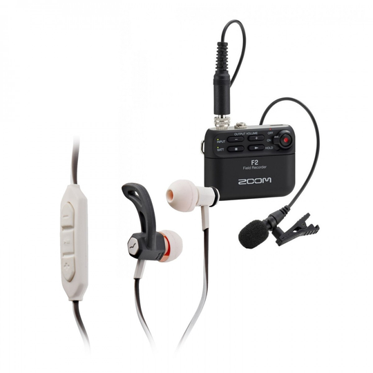 Zoom F2 Field Recorder and Lavalier Microphone with In-Ear Headphones