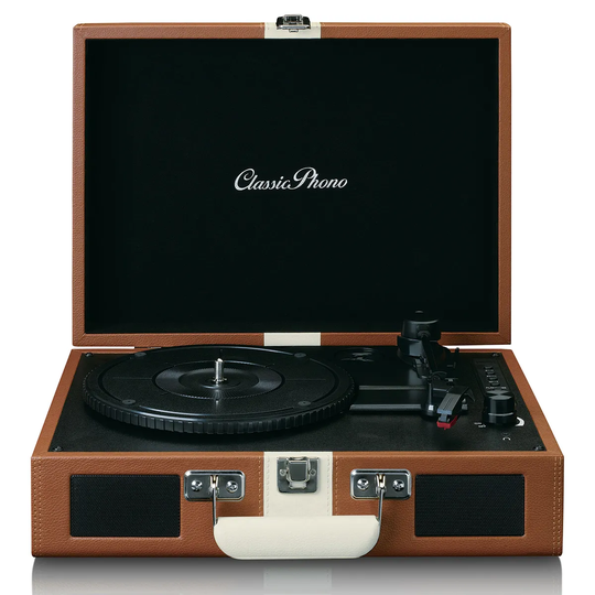 Lenco Classic Phono TT-120BNWH Turntable with Bluetooth, Built-in Speakers & Rechargeable Battery- Tan/White