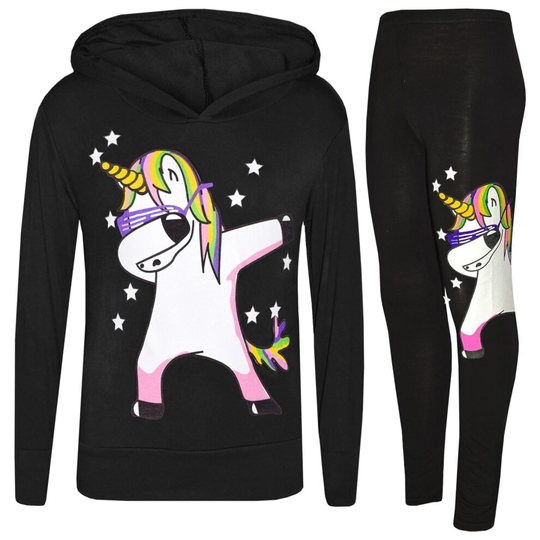 (9-10 Years, Black) Girls Rainbow Unicorn Dab Floss Legging Tracksuits
