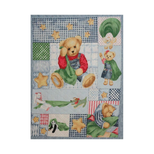 Blue Jean Blankie Bear Pre Quilted Sewing Quilting Cot Panel Cotton Fabric