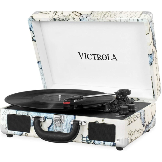 Victrola VSC-550BT-P4-EU Portable Suitcase Record Player with 3-Speed Turntable, Bluetooth and Built in Stereo Speakers, Map Print, 10.1 in*13.9