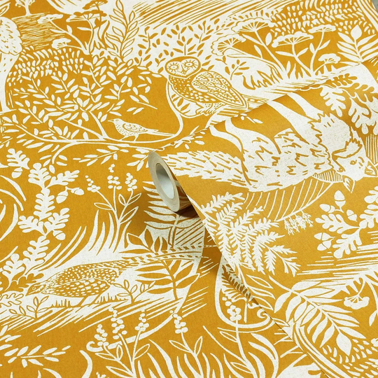 Furn. Winter Woods Ochre Yellow Woodland Printed Wallpaper