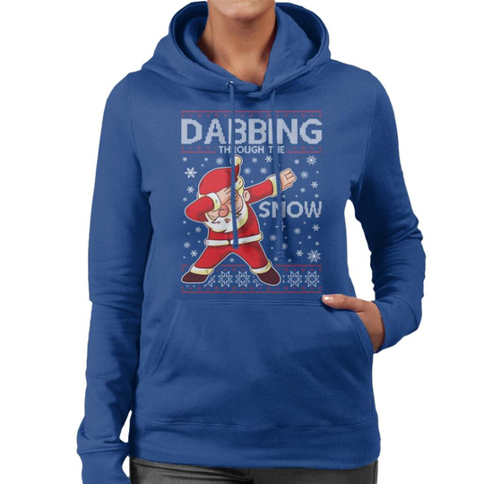 (Medium, Royal Blue) Dabbing Through The Snow Santa Christmas Knit Pattern Women's Hooded Sweatshirt