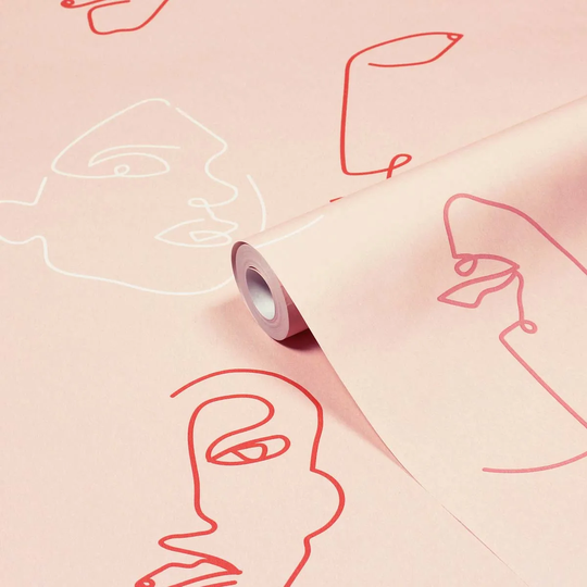 Furn. Kindred Blush Pink Abstract Faces Printed Wallpaper