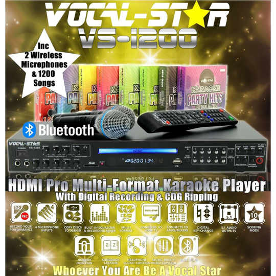VOCAL-STAR VS-1200 PRO HDMI KARAOKE MACHINE 2 VHF WIRELESS MICS & 1500 SONGS