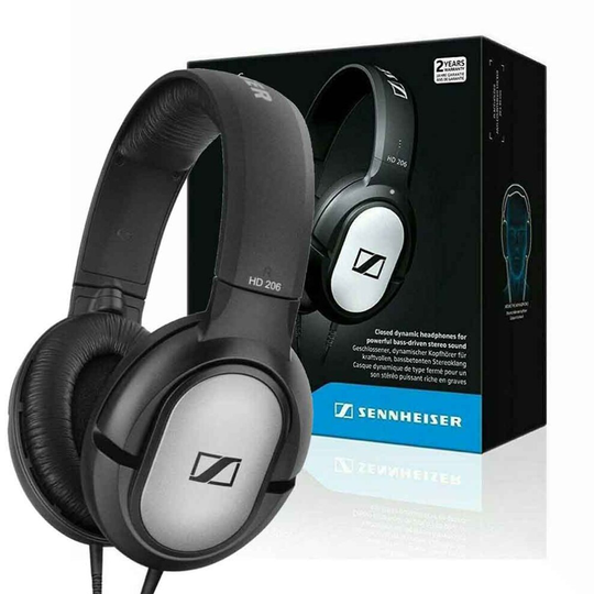 Sennheiser HD 206 Stereo WIRED Headphones Earphones Over Ear Black Silver NEW