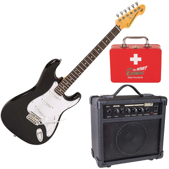 Encore Electric Guitar E6 in Gloss Black, Kinsman 10w Amp & Guitar First Aid Kit