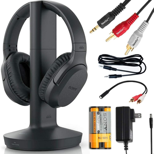 SONY Wireless Headphones for TV Watching (WHRF400R) with Transmitter Dock (TMRRF400)- 6-ft 3.5mm Stereo + NeeGo RCA Plug Y-Adapter for TV