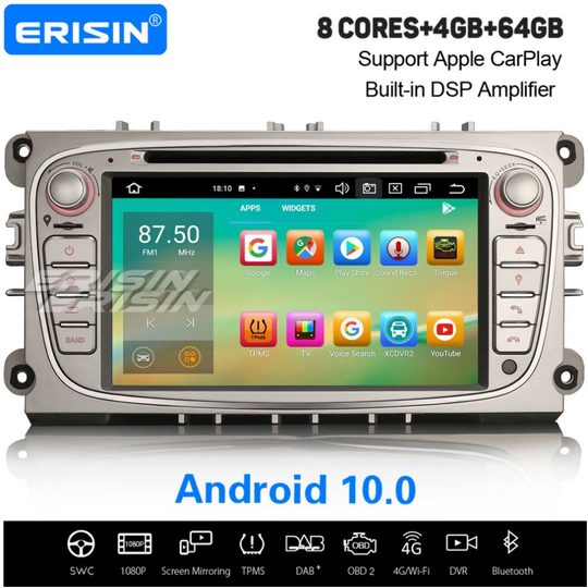 8-Core Android 10.0 DSP Car Stereo DAB+ Sat Nav CarPlay WiFi OBD2 Ford Focus C/S-Max Mondeo Galaxy