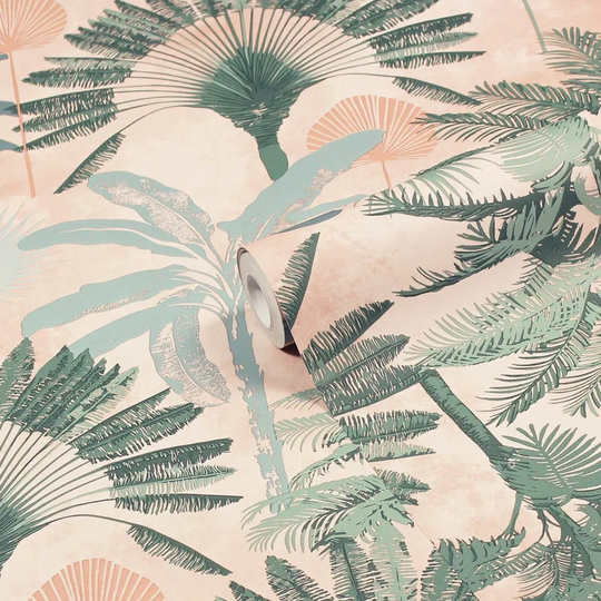 Furn. Malaysian Palm Blush Pink/Green Tropical Printed Wallpaper