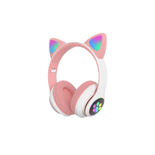 (White Pink) Cat Wireless headphones with mic and LED