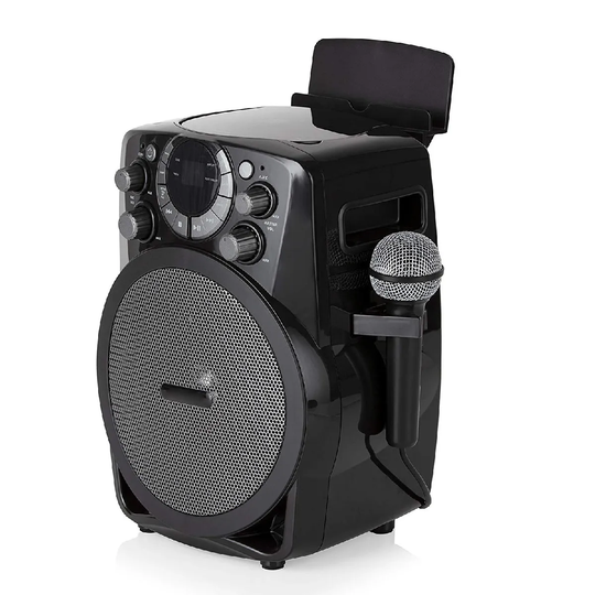 AKAI Bluetooth Karaoke Machine with Built-In LED Disco Lights & Tablet Holder - Black