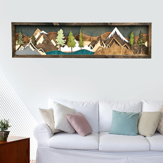 (Moonlight) Wood Wall Art Decor 3d Wooden Natural Landscape Abstract Mountain Scape