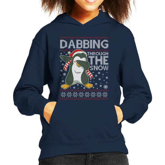 (Large (9-11 yrs), Navy Blue) Dabbing Through The Snow Penguin Christmas Knit Pattern Kid's Hooded Sweatshirt