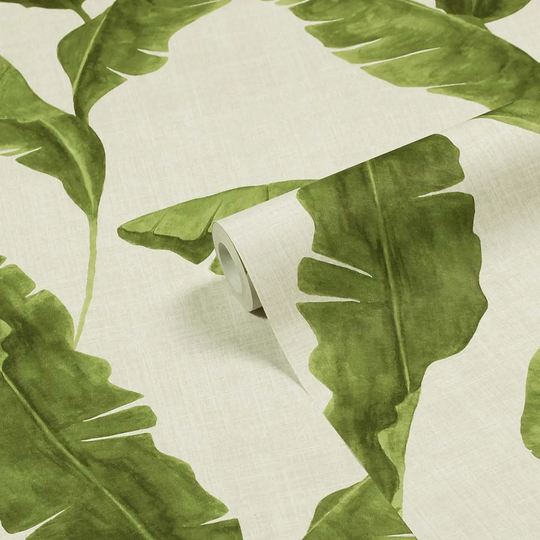 Furn. Plantain Green/Natural Beige Botanical Printed Wallpaper