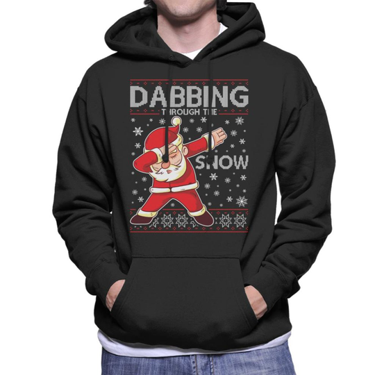 (X-Large, Black) Dabbing Through The Snow Santa Christmas Knit Pattern Men's Hooded Sweatshirt